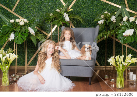 Little cute girls with blond hair in a white dress Little cute girls with blond hair in a white dress 53152600