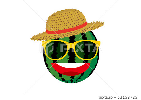麦わら帽子とサングラスをかけたスイカのキャラクターのイラスト Happy