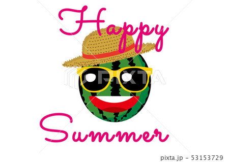 麦わら帽子とサングラスをかけたスイカのキャラクターのイラスト Happy Summer 夏のイメージのイラスト素材