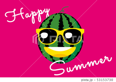 サングラスをかけたスイカのキャラクターのイラスト Happy Summer 夏のイメージのイラスト素材
