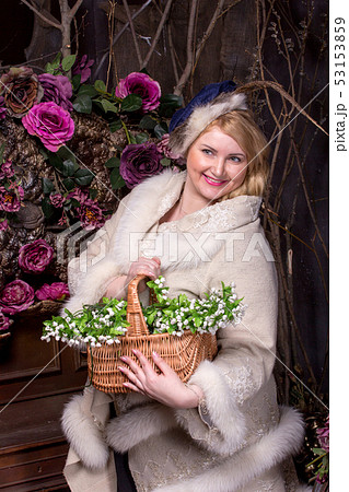 Vintage spring progect. Plus size woman on flower background Vintage spring progect. Plus size woman on flower background 53153859