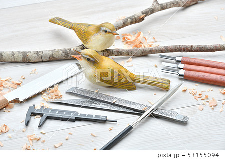 バードカービング。野鳥の木彫刻、野鳥彫刻。彩色済はウグイスです。※素人の製作途中の作品です。 53155094