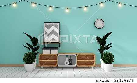 Tv Mockup on mint wall in japanese living room 53156373