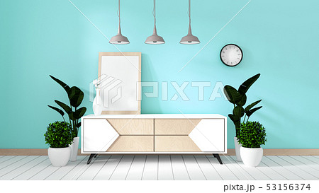 Tv cabinet design with mint brick wall on white 53156374