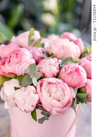 Pink peonies on the old grey table. Beautiful peony flower for catalog or online store. Floral shop Pink peonies on the old grey table. Beautiful peony flower for catalog or online store. Floral shop 53156854