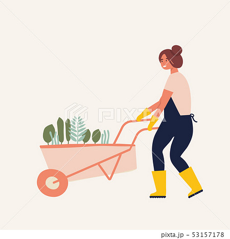 Vector flat illustration of gardener character. Young woman holding wheelbarrow of earth with plants 53157178