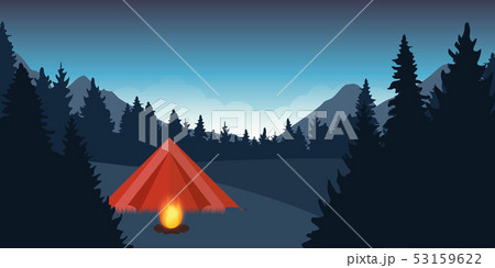 red tent with campfire by night in the forest blue landscape 53159622