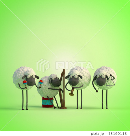 3d illustration four cute cartoon sheeps playing music on green background 53160118