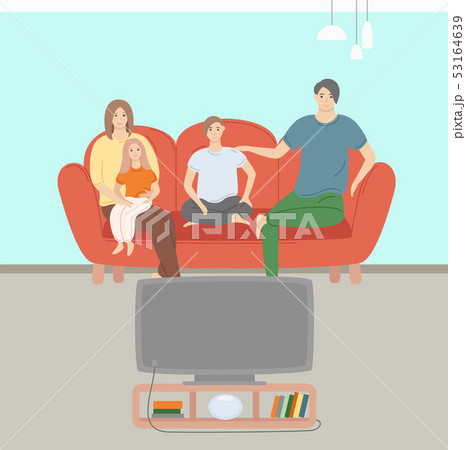 Mom And Dad Daughter And Son Watching Tv Vectorのイラスト素材