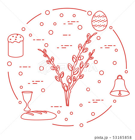 Easter cake, willow branches, bell, bowl, egg 53165858