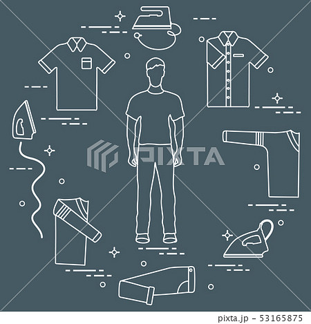 Silhouette of a man, irons and different clothes Silhouette of a man, irons and different clothes 53165875