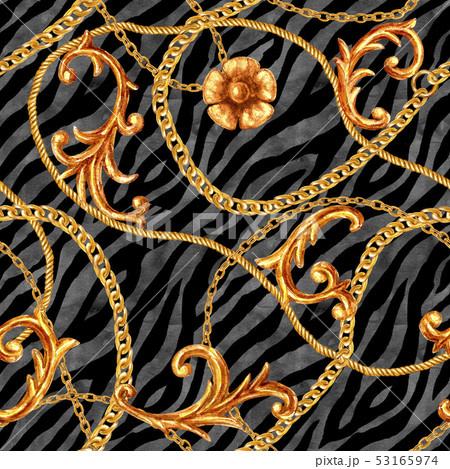 Seamless Golden Baroque Pattern with Zebra for Fabric. Trendy