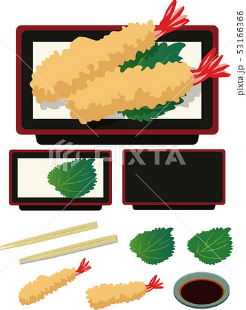 イラスト素材 えび天ぷら エビ 海老 葉 日本食 料理 ベクターのイラスト素材