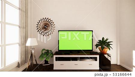 Smart Tv Mockup with blank black screen hanging 53166644