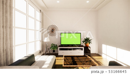 Smart Tv Mockup with blank black screen hanging 53166645