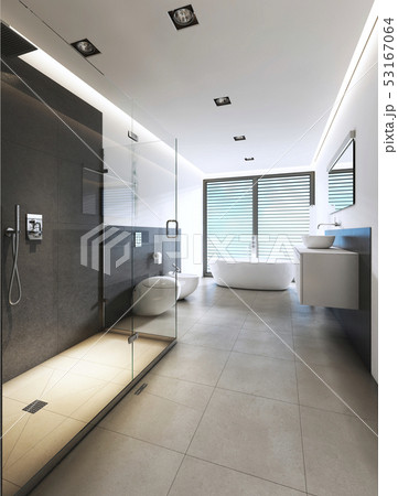 Contemporary bathroom with shower and bath in 53167064