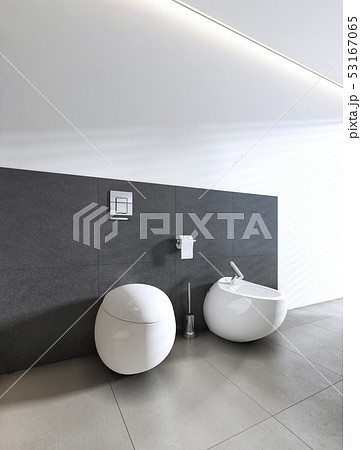 Toilet and bidet in white bathroom. 53167065
