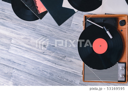 Turntable vinyl record player on gray background Turntable vinyl record player on gray background 53169595