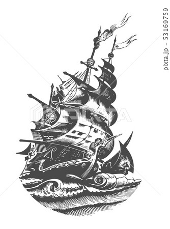Hand drawn vector logo of vintage sailing ship in the sea Hand drawn vector logo of vintage sailing ship in the sea 53169759