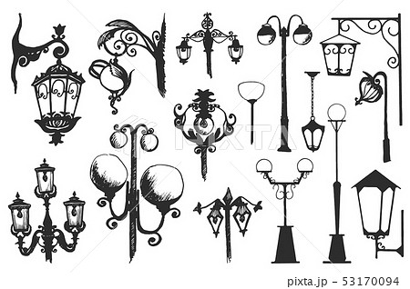 Hand drawn doodle city street lantern set. Ink vector illustration Hand drawn doodle city street lantern set. Ink vector illustration 53170094