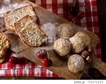 Oatmeal cookies snack and cherry breakfast close up 53171221