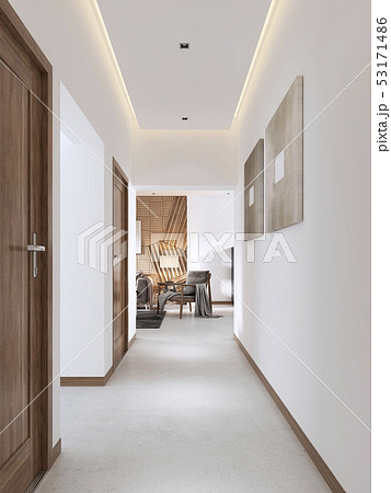 White corridor in a modern style with wooden 53171486