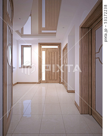 Hallway Corridor with doors and white walls in a Hallway Corridor with doors and white walls in a 53172238