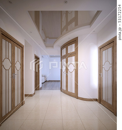Hallway Corridor with doors and white walls in a Hallway Corridor with doors and white walls in a 53172254