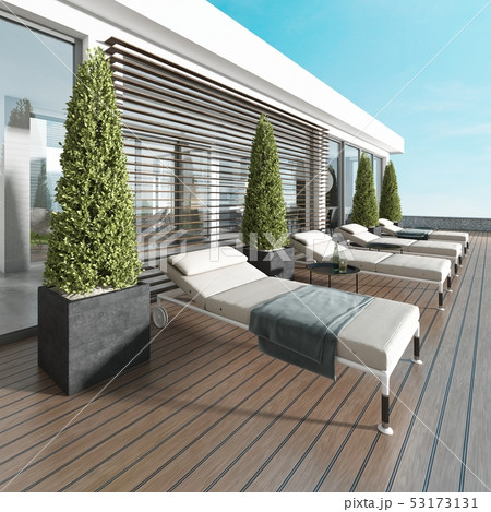 Terrace by the pool with sun loungers near the 53173131