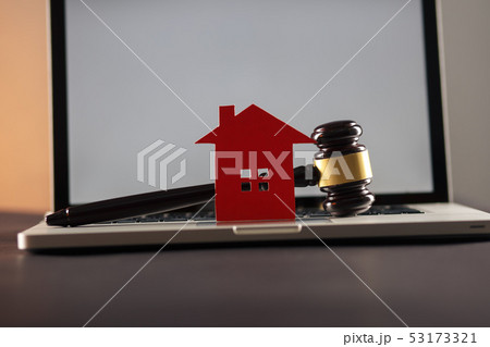 Close up view of gavel and house. Close up view of gavel and house. 53173321