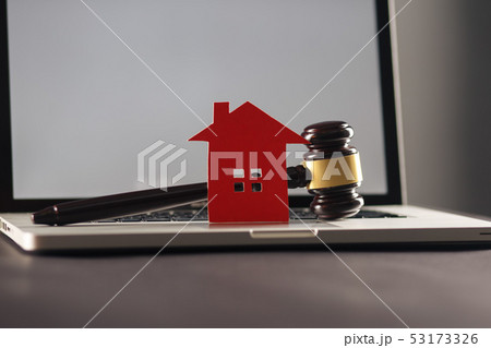 Close up view of gavel and house. Close up view of gavel and house. 53173326