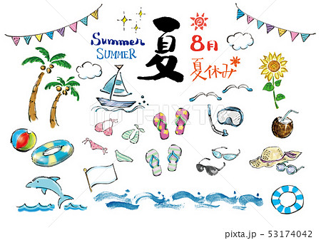 夏 日本の夏 イラスト ベクター 夏関連 夏イラスト 集合 季節 8月 手描き 手書きのイラスト素材