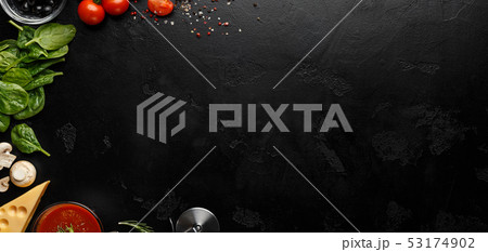 Space For Recipe. Pizza Cooking Ingredients On Black Background Space For Recipe. Pizza Cooking Ingredients On Black Background 53174902