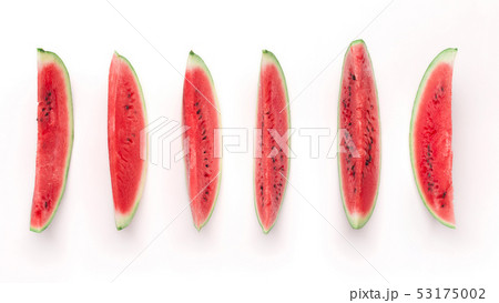 Row of fresh ripe watermelon pieces, isolated on white 53175002