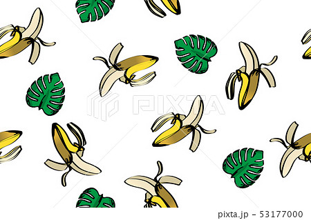 シームレスのバナナとモンステラのイラストの連続柄 アナログ調 白背景 夏のイメージ テキスタイルのイラスト素材