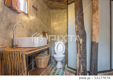 Flush Toilet and Sink in Country Loft Interior 53177679