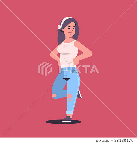 young woman in casual clothes standing pose smiling female cartoon character girl posing on red 53180176