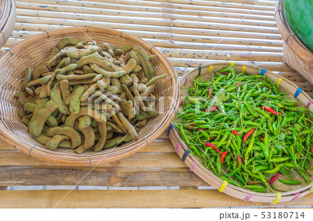 vegetable on bammboo table in market. 53180714