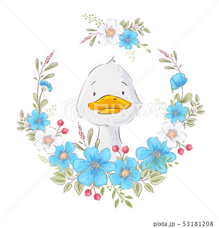 Postcard poster of a cute duckling in a wreath of flowers. Hand drawing. Vector 53181208