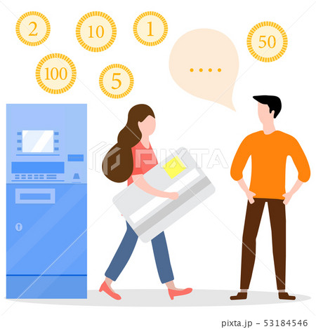 ATM, woman with bank card, male assistant Finance ATM, woman with bank card, male assistant Finance 53184546