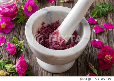 Rosa rugosa petals cruhed with sugar in a mortar Rosa rugosa petals cruhed with sugar in a mortar 53185139