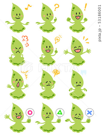 しずくのキャラクター 横向き 緑 表情セット のイラスト素材