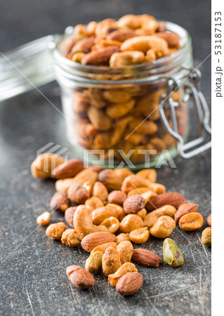 Spicy flavoured nuts. Mix of nuts. 53187153