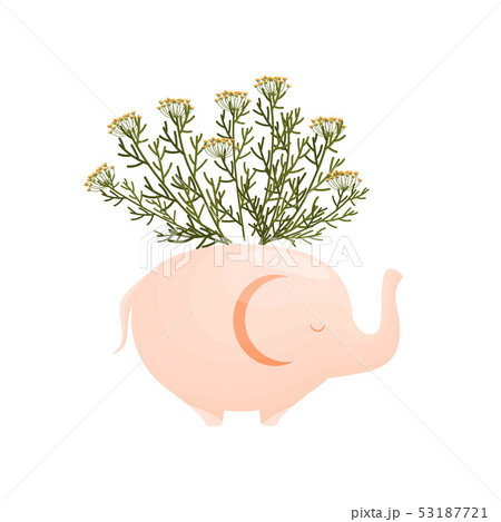 Small yellow wildflowers in an elephant-shaped vase. Vector illustration on white background. 53187721