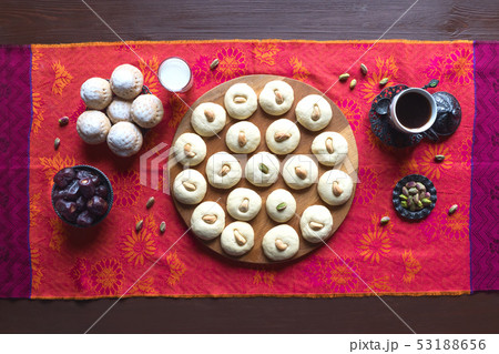 Ramadan sweets background. Ghorayeba sweets. Ramadan sweets background. Ghorayeba sweets. 53188656
