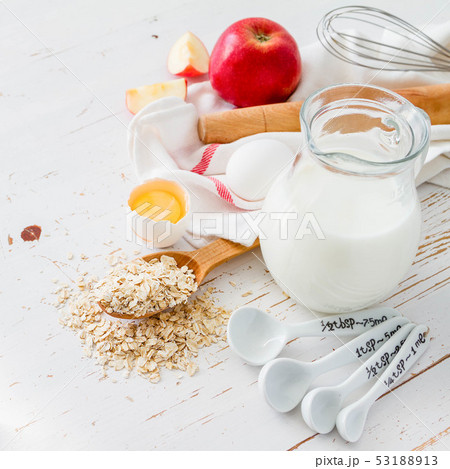 Ingredients for baking - milk, butter, eggs, flour, wheat Ingredients for baking - milk, butter, eggs, flour, wheat 53188913