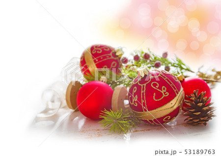 Colorful christmas decorations with bokeh background 53189763