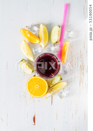 Sangria ingredients on white wood background 53190054