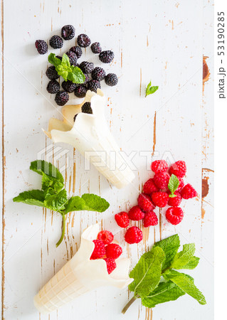 Selection of berries in waffle cones Selection of berries in waffle cones 53190285