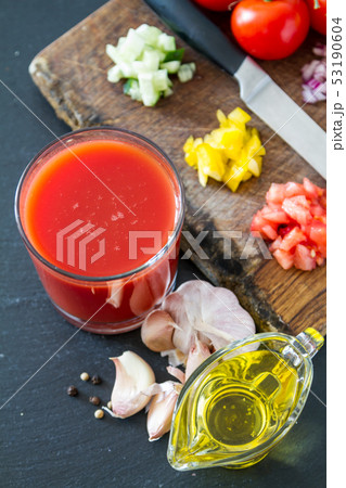 Gazpacho soup and ingredients 53190604